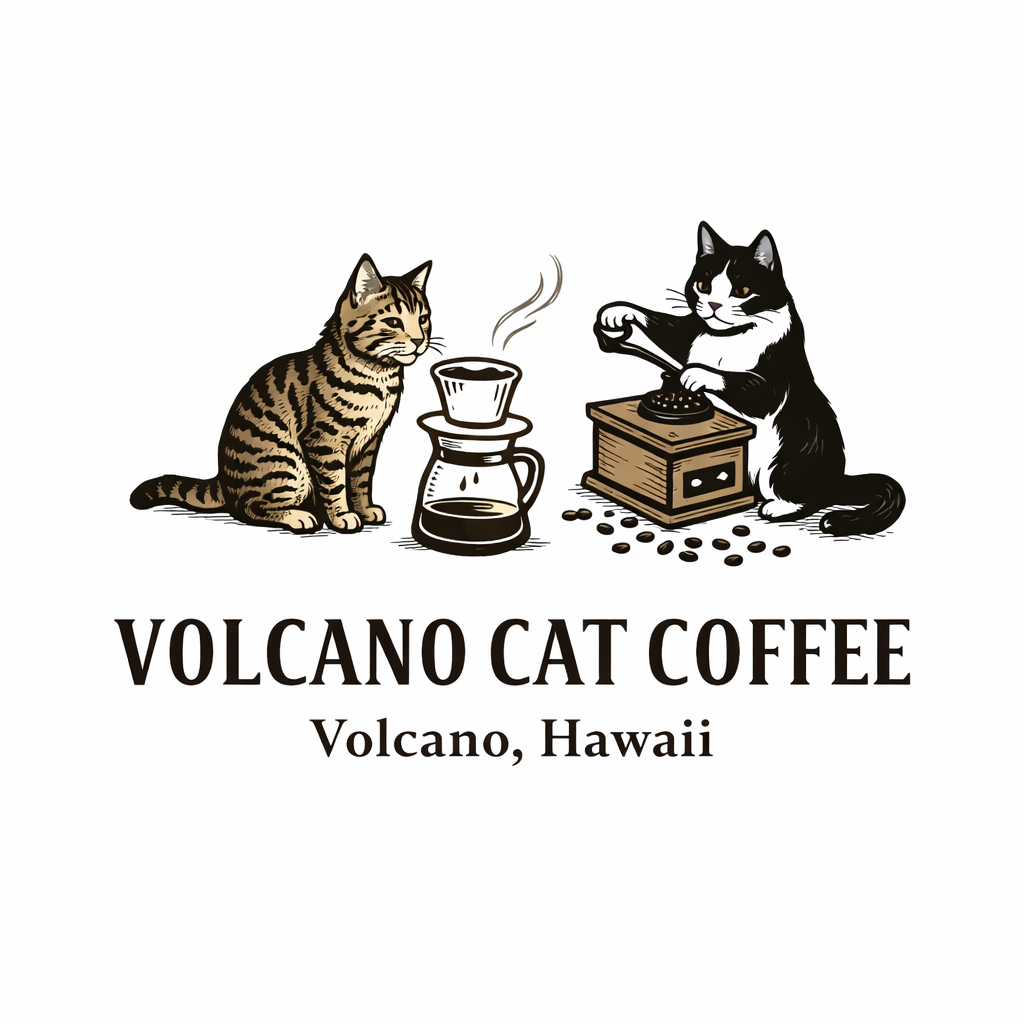 Illustration of two cats — a tabby and a tuxedo — flanking a pour-over coffee setup, representing the Volcano Cat Coffee brand