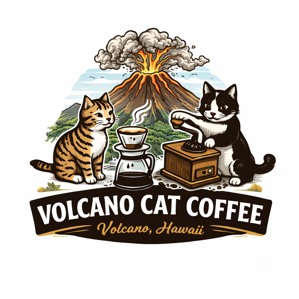 My Blog illustration — two cats with a pour-over coffee setup and an erupting Hawaiian volcano