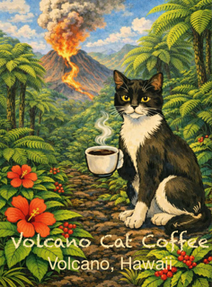 Minimalist Volcano Cat Coffee logo — two cats and a pour-over coffee setup